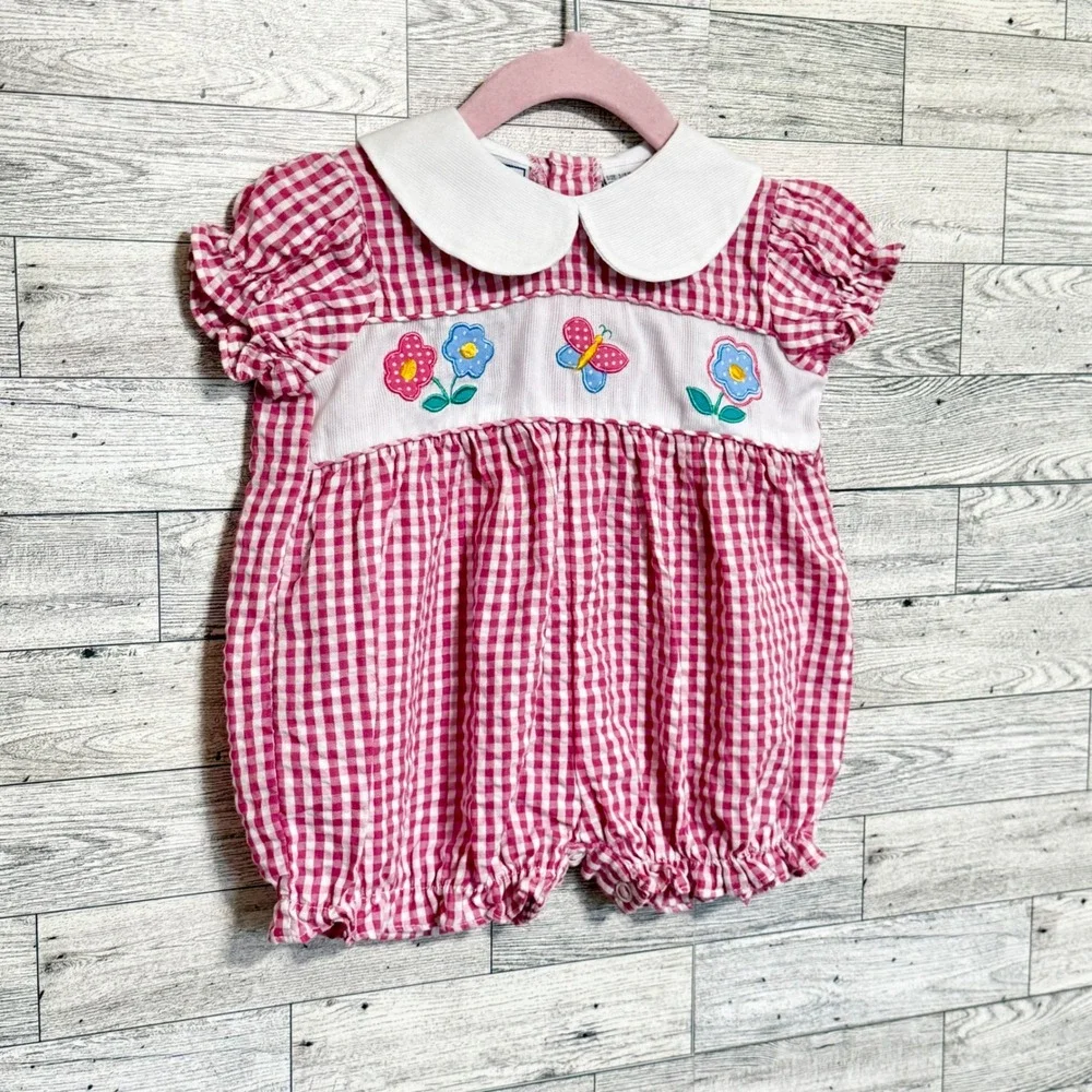 Good Kidz Pink Gingham Bubble Romper Floral‎ Butterfly 3-6M Peter Pan Collar